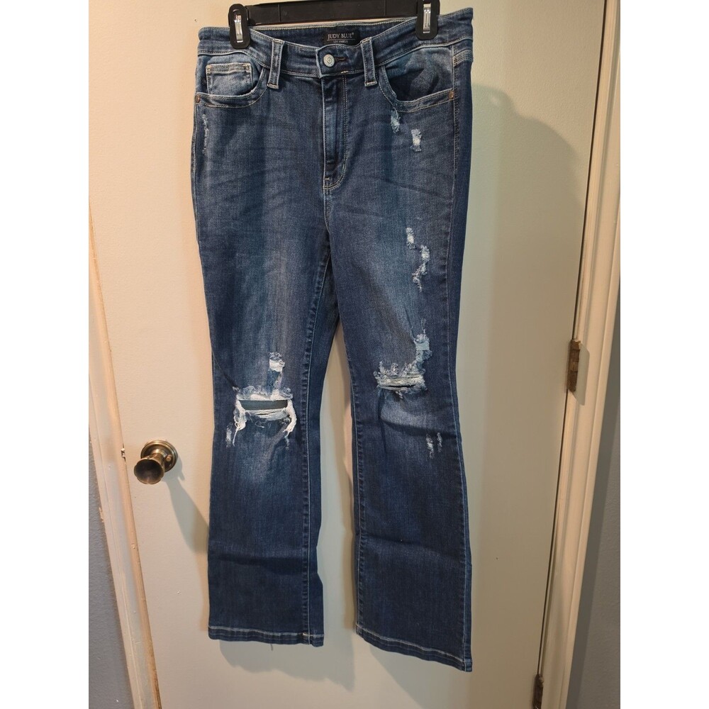 Womens Judy Blue Stretch Denim Jeans, Darkwash, Distressed, Wide Leg, Size 11/30